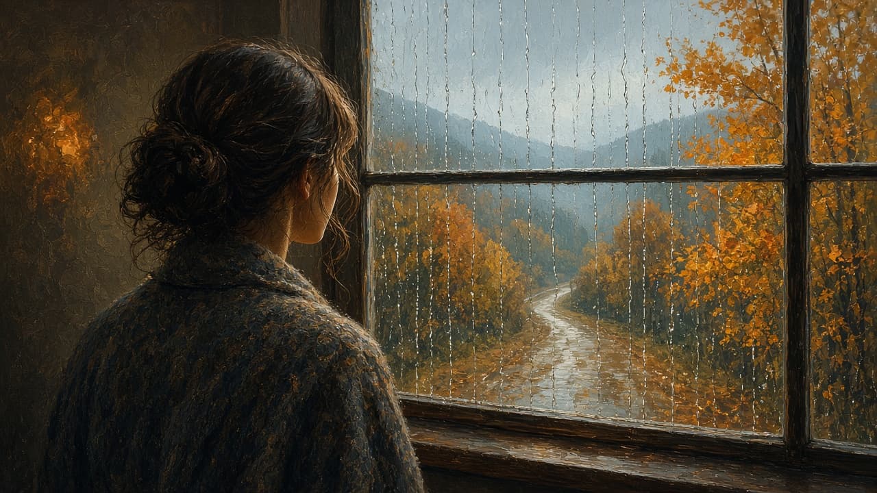 Person gazing at a photo toward a rainy platform