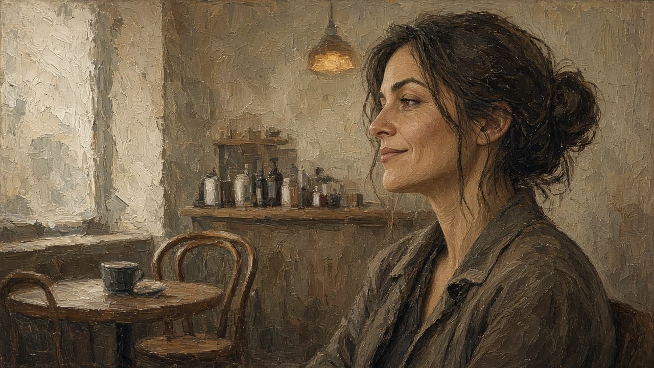 Person with a dry half-smile after spilled coffee