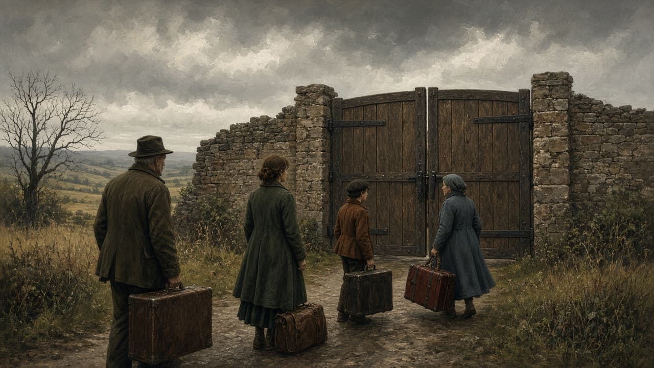 Closed gate facing travelers with suitcases on a road