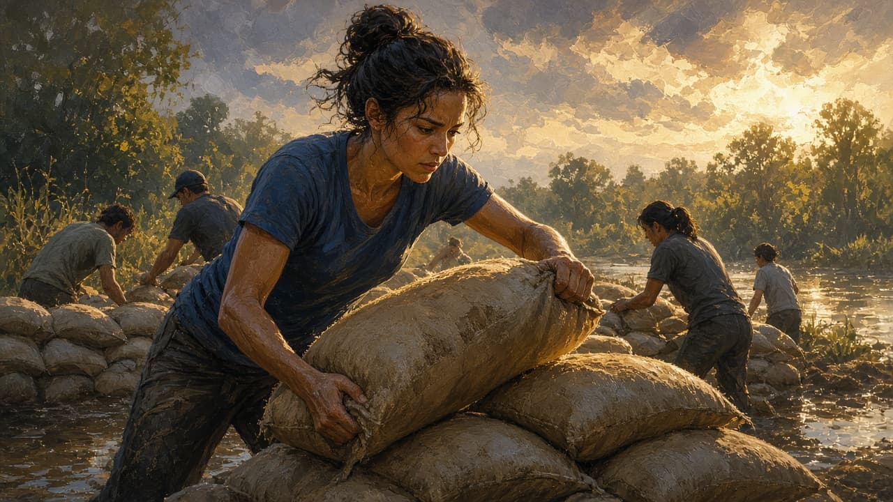 Volunteer stacking sandbags with fierce energy