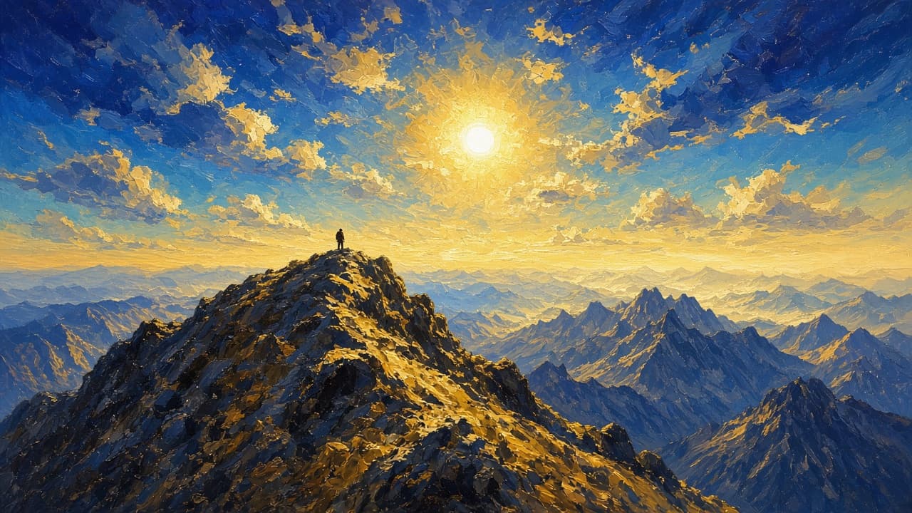 Climber at a sunlit mountain summit