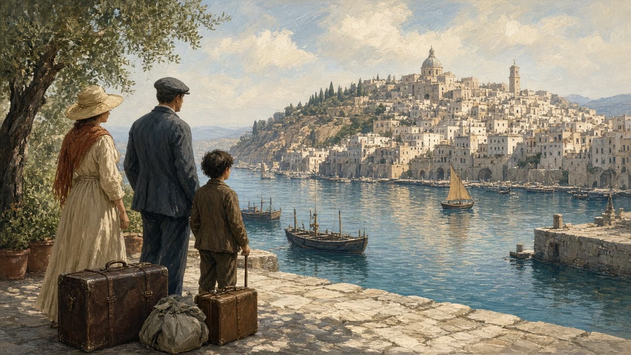 Historic harbor scene with travelers and a distant hillside city