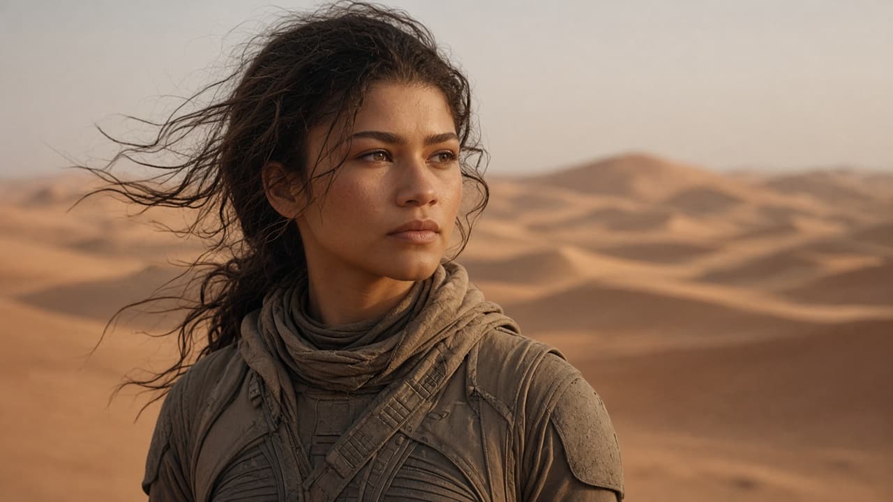 Illustrative desert scene with a figure in Fremen-style stillsuit gear