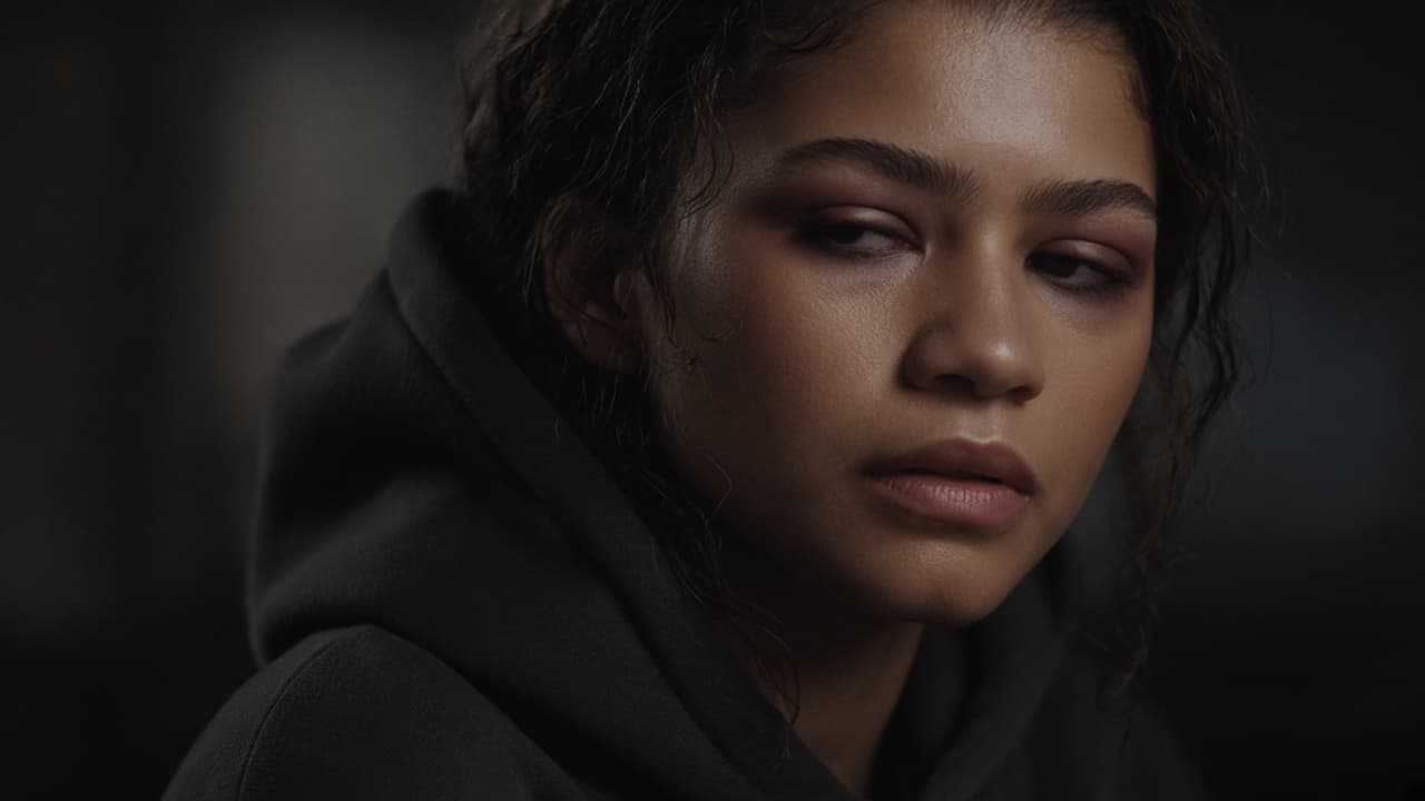 Illustrative scene of a young woman in neon-lit half darkness