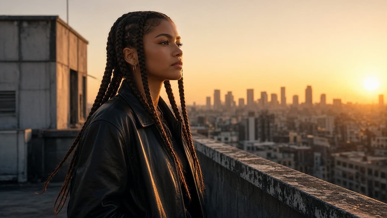 Illustrative scene of a young woman on a New York rooftop at dusk